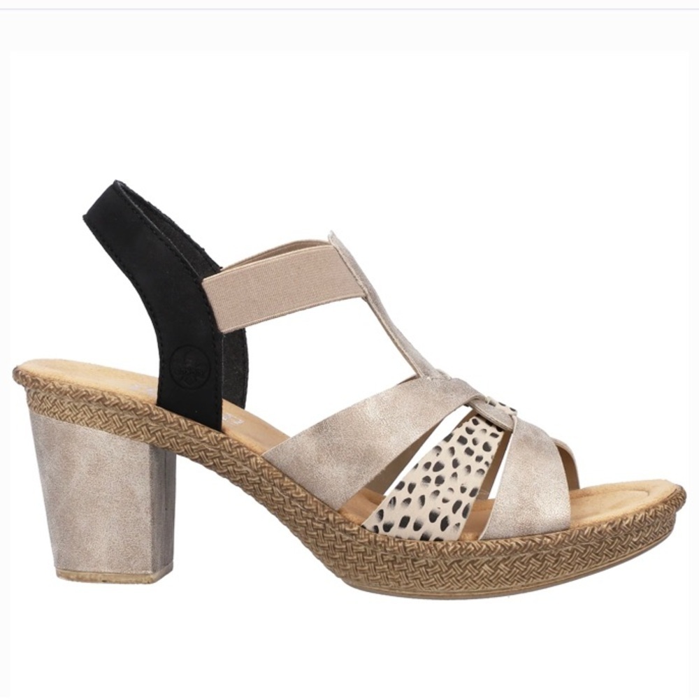 Rieker 665K3-60 Rabea Metallic Black Beige Block Heel Sandal Sz 8/39